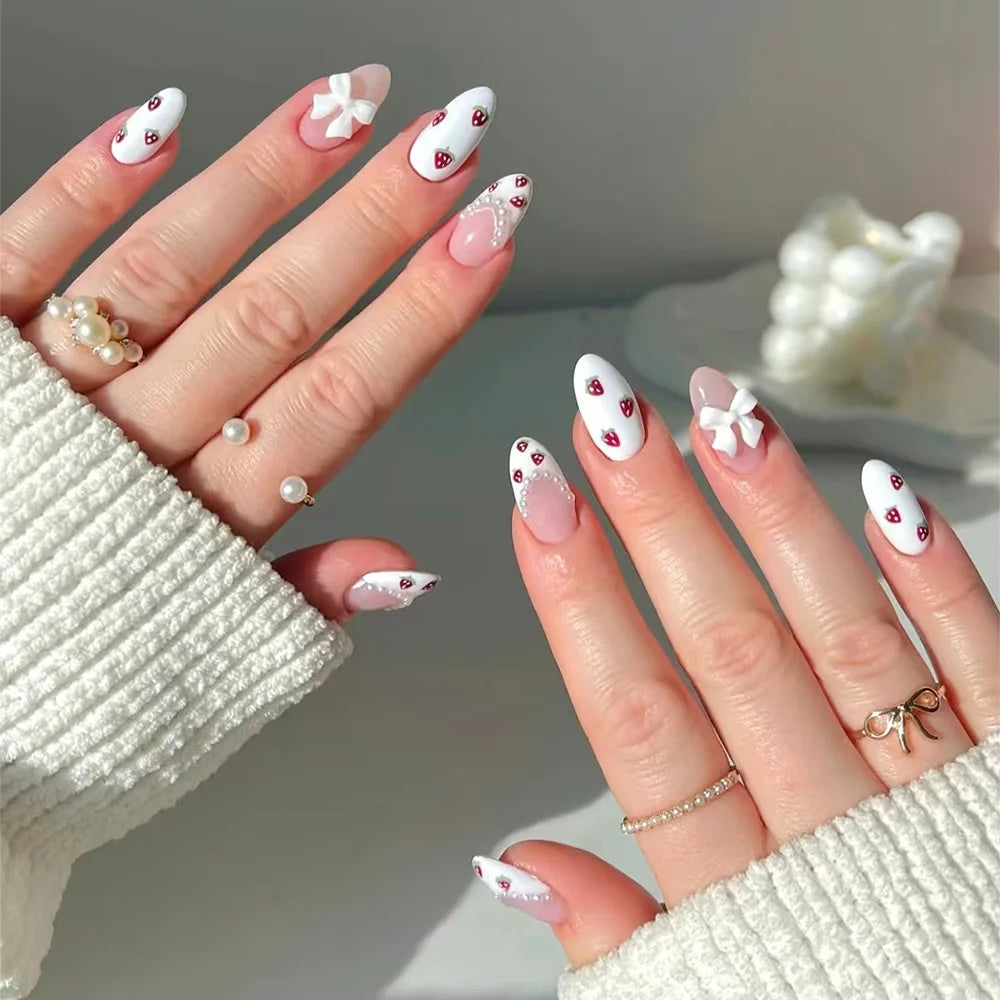 24Pcs Sweet Pink Almond Fake Nails Pearl Bow Wearable Nails Stickers Wearing French White Edge Removable Acrylic Nails Tips Art