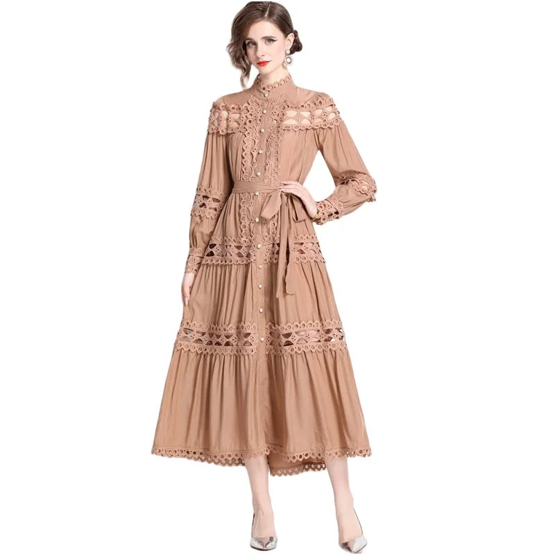 New Spring Autumn Stand Collar Lace Hollowed Out Single Breasted Dress Women's Vintage Elegant Full Sleeve Rnnway Long Dress