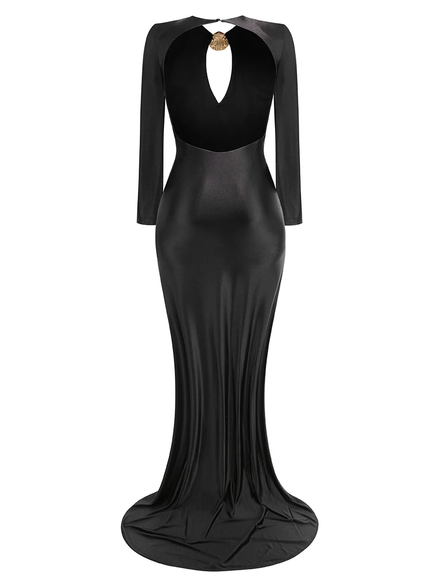 New Arrival Black Color Women Sexy Long Sleeve Keyholes Backless Floor-length Dress Elegant Evening Party Celebrate Outfit
