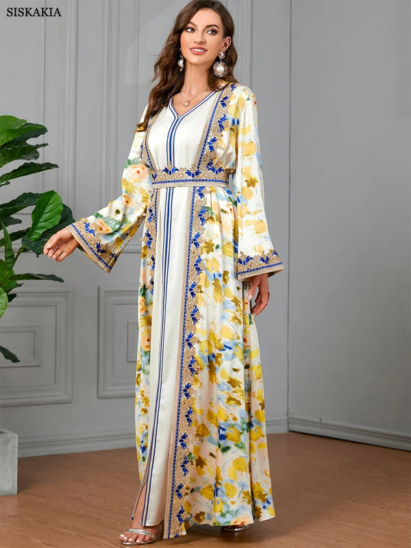 Africano Dress Woman 2 Piece Abaya Set For Dubai Ladies Chic Tape Trim Belted Caftan Marocain Robe Femme Musulmane