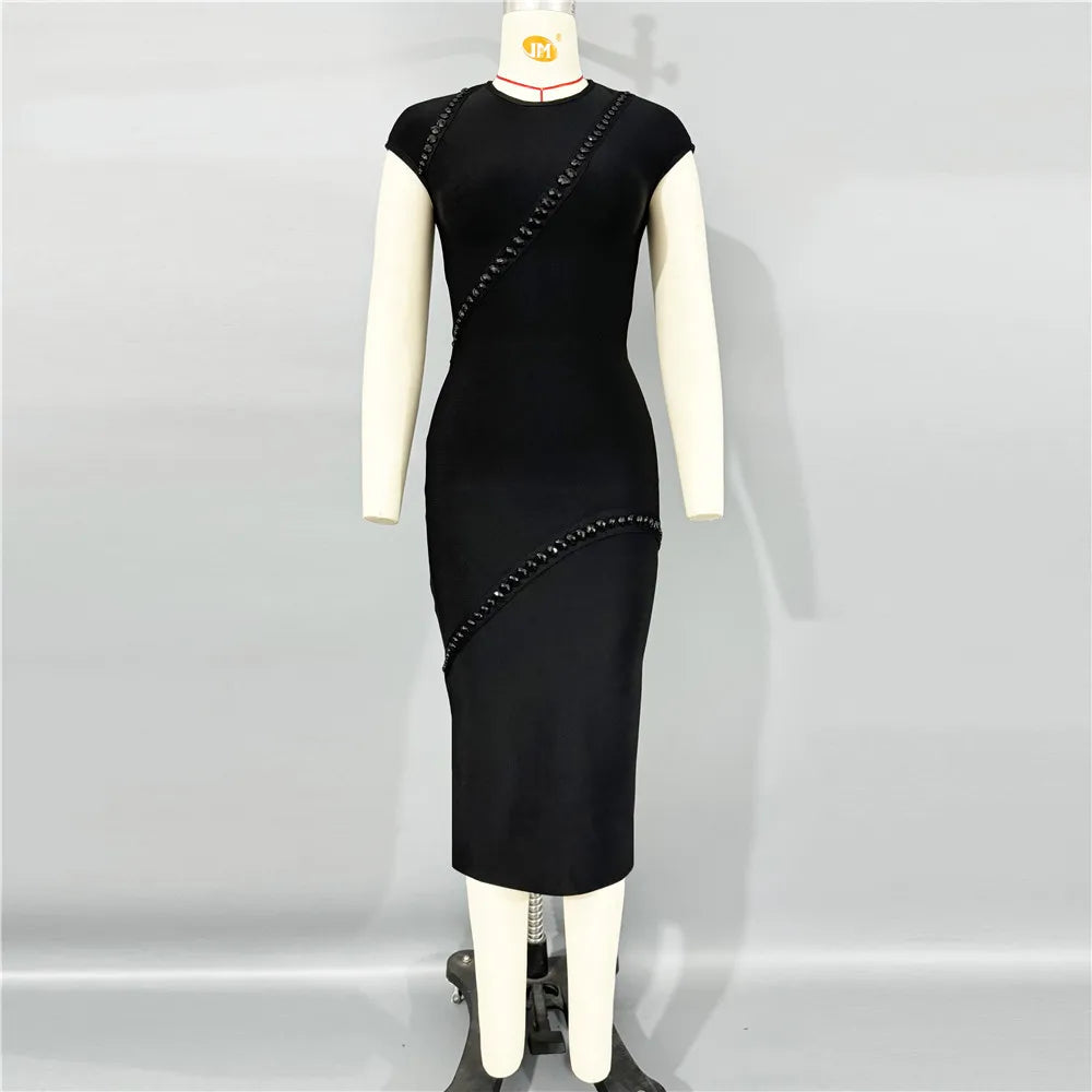 Black Color Women Sleeveless Sexy Shinning Crystal Bodycon Long Bandage Dress Elegant Evening Party Birthday Cocktail Outfit