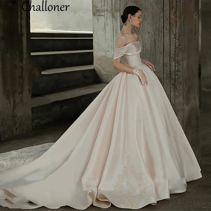 Challoner Exqusite Princess Wedding Dresses Elegant Boat Neck Off The Shoulder Backless Satin Bride Ball Gown Robe De Mariee New