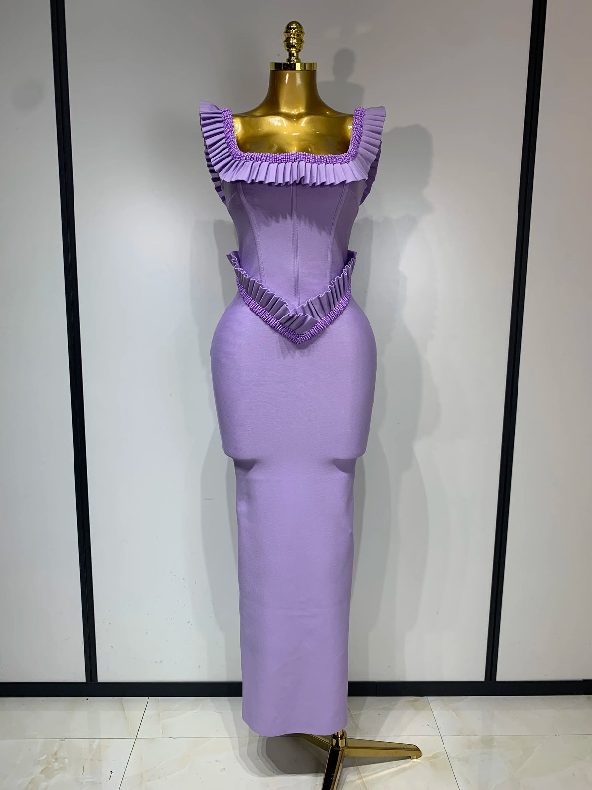 Women Sexy Square Collar Ruffles Beading Long Bodycon Bandage Dress 2025 Celebrity Elegant Evening Club Party Birthday Dress