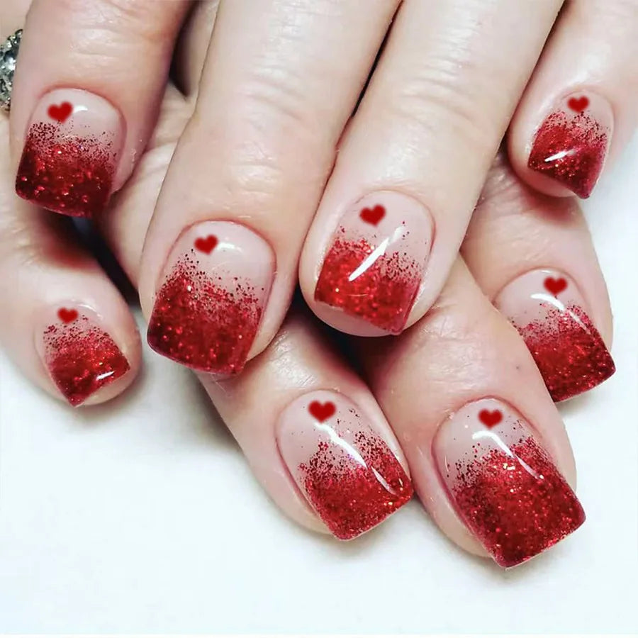 24Pcs Short Glitter False Nails Black Red Sweet Cool Press on Nails Love Valentine Wearing Nail Art Full Cover French Fake Nail