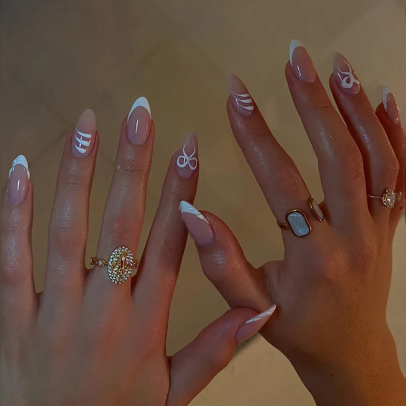 24Pcs Mid-length Almond Fake Nails with 3D Bow White Edge French Design Full Cover Nails Tips Art Wearable Press on False Nails