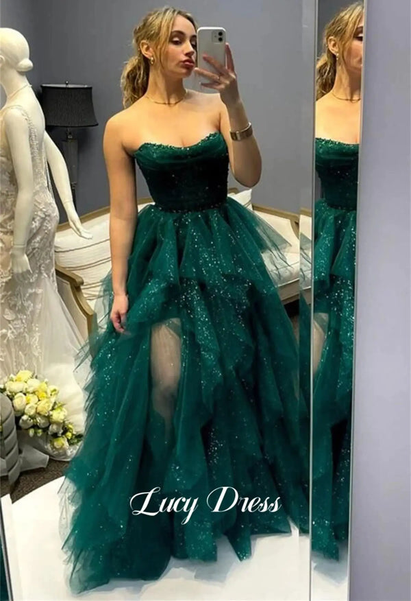 Lucy Graduation Gown Green Ball Shiny Mesh Layered Slit Luxurious Turkish Evening Gowns Gala Dress Women Elegant Party Prom