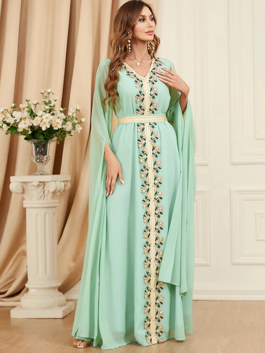 Muslim Dress 2023 Dubai Caftan Women Basic Solid Lace Tape Super Full Sleeves V-Neck Sashes Moroccan Islam Abaya Green Dress