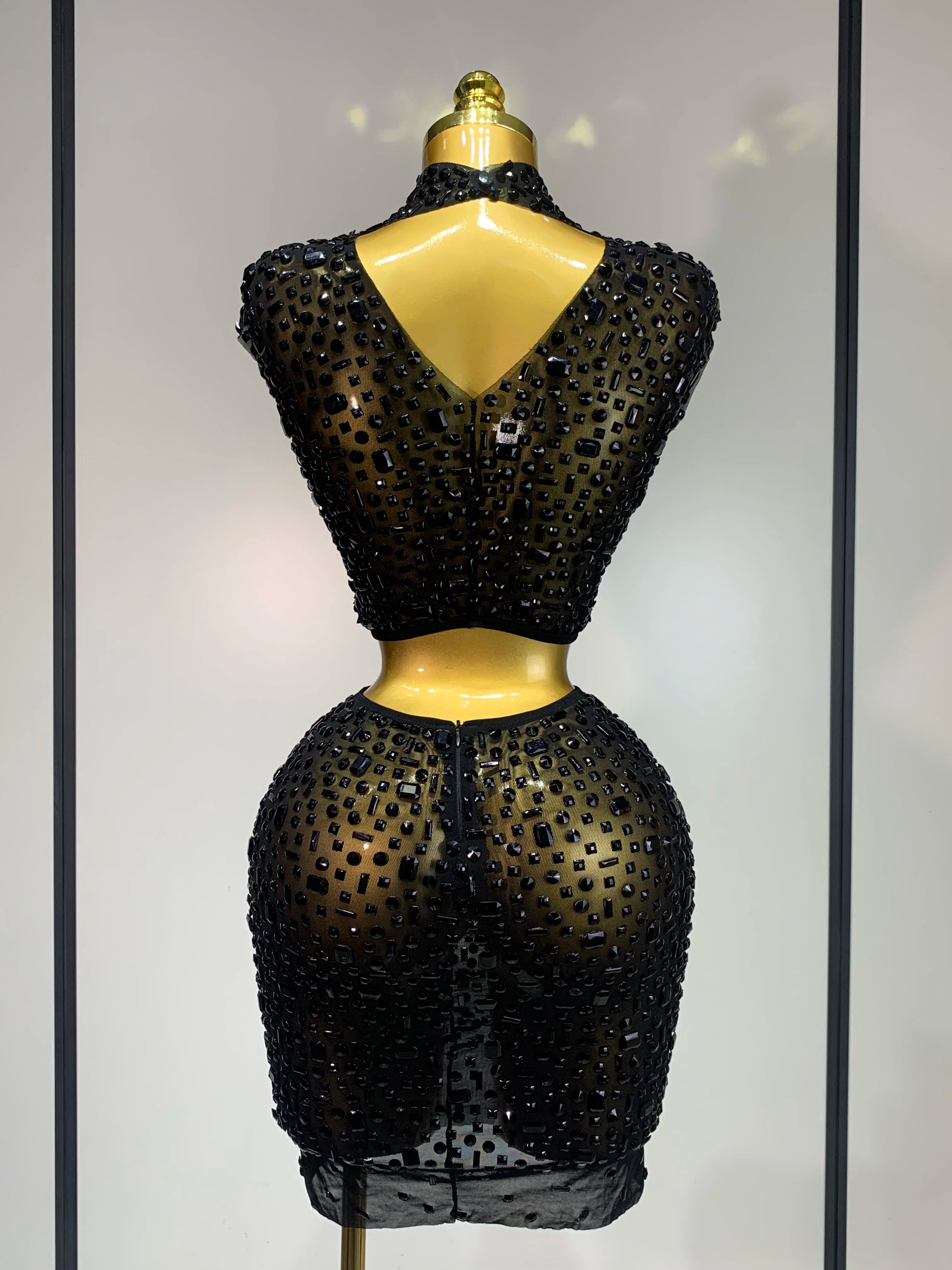 Luxury Rhinestone Mesh See Through Celebrate Birthday Dress Sparkly Top Short Skirt Two Pieces Sets Performance Stage Costume