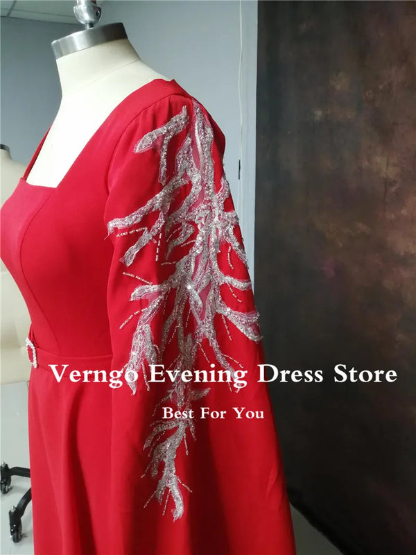 Red Satin A Line Caftan Evening Dresses Long Cape Beads Applique Embroidery Dubai Arabic Women Formal Prom Gowns