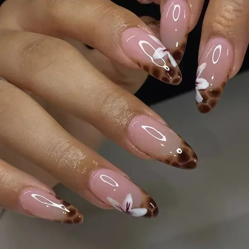 24Pcs Autumn Winter Matte Almond False Nails with Glue Rose Leaf Printing Nail Art Simple Full Cover Press on Acrylic Nails Tips