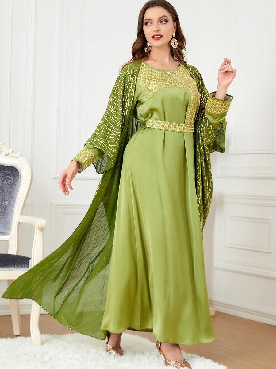 Elegant Casual Women's Dresses Abayas For Women Luxury 2 Piece Muslim Sets Embroidery Belted Kaftan Islamic Dresses Ramadan