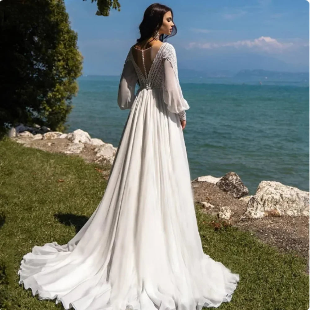 Hot Selling Styles Elegant Bohomia A-line Wedding Dress Sweep Train V-neck Puffy Sleeve Beach Bridal Gowns Vestido De Novia