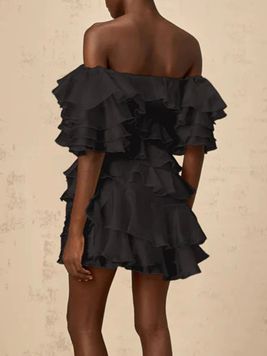 TWOTWINSTYLE Solid Slimming Spliced 3D Flowers Mini Dresses for Women Slash Neck Off Shoulder Patchwork Ruffles Dress Female New