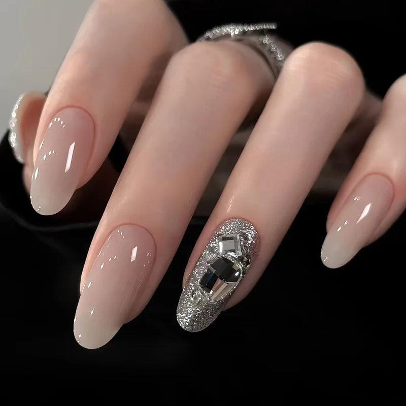 24Pcs Spring Wearing False Nails Short Almond Oval Nails with Red Love Rhinestone Designs Popular Nail Stickers for Spicy Girls
