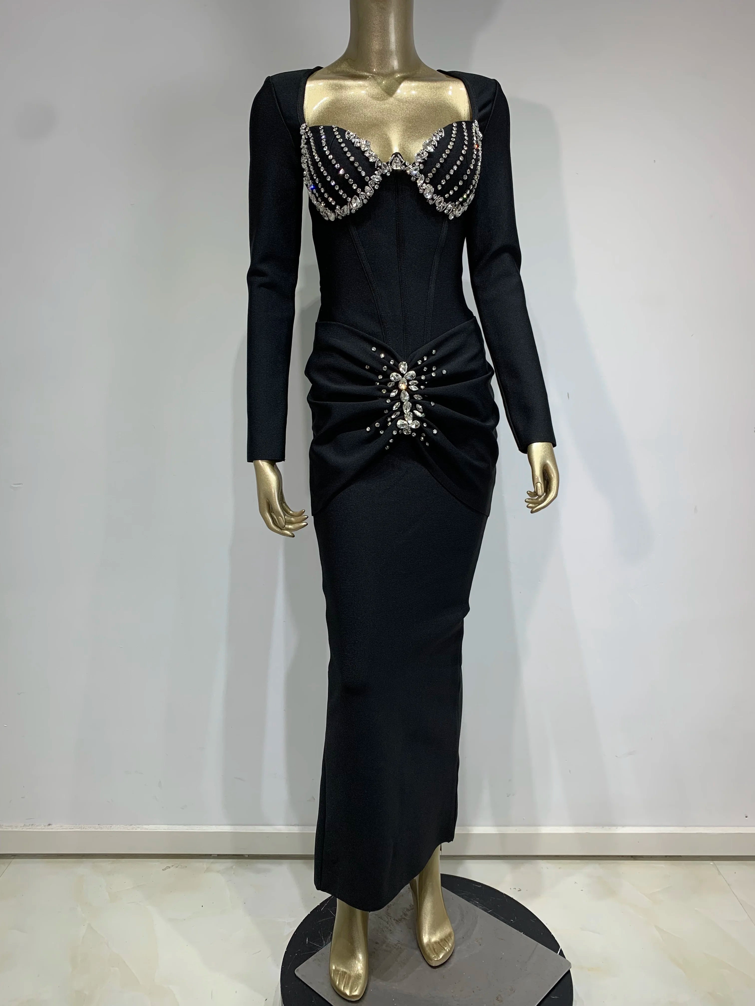 Women Celebrity Sexy Long Sleeve Beading Ruffles Black Maxi Long Bodycon Bandage Dress 2025 Elegant Evening Club Party Dress