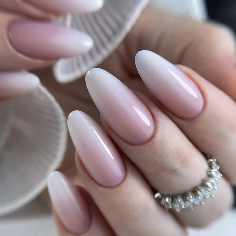 White French Style Fake Nails Gentle Pink Press on Nails 3D Bowknot Design Almond Charm Manicure Korean Fashion False Nail 24Pcs