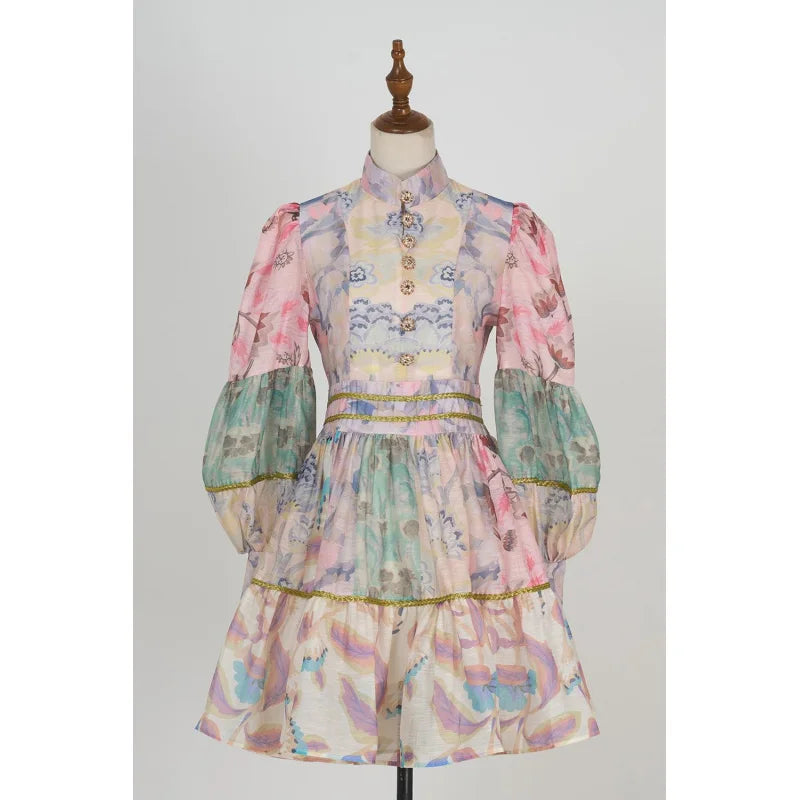 Fall Shot Spot Customized New Product Vintage Court Style Small Stand Collar Bubble Sleeve Waist-Tight Dress