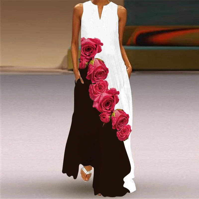 Fashionable Women's Hollow V-neck Maxi Dress Fresh Flower Print Sleeveless Loose Straight Beach Seaside Vacation Long Dress