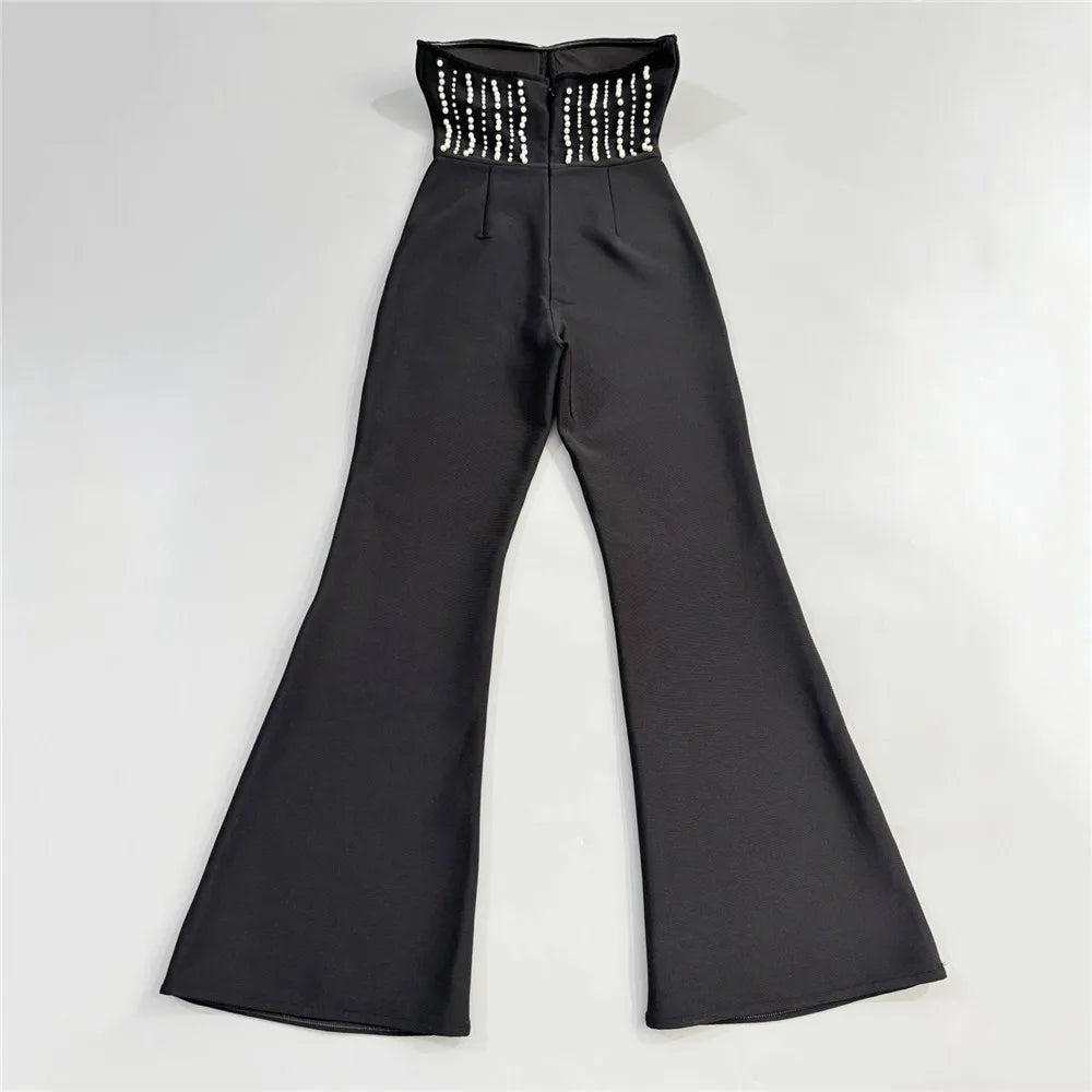 Top Quality Women Sexy Strapless Shinning Pearl Beading Bodycon Long Bandage Jumpsuit Celebrate Evening Party Birthday Wear