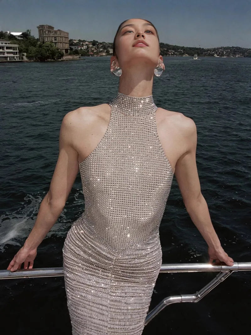 Women Celebrity Sexy Sleeveless Diamonds Backless Ruched Beige Maxi Long Gowns Dress 2025 Elegant Evening Party Club Vestido