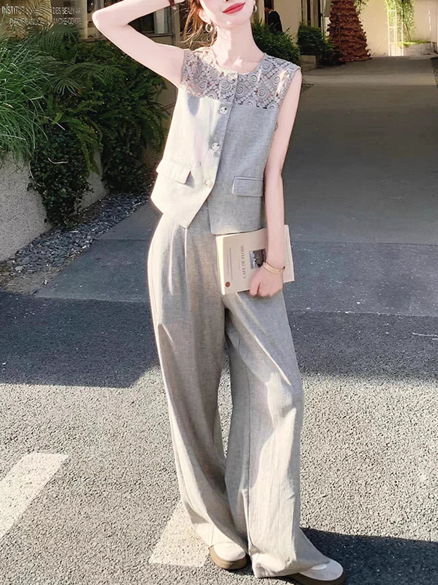 TWOTWINSTYLE Solid Loose Two Piece Sets for Women Round Neck Sleeveless Spliced Single Breasted Top High Waist Pant Set Femlae