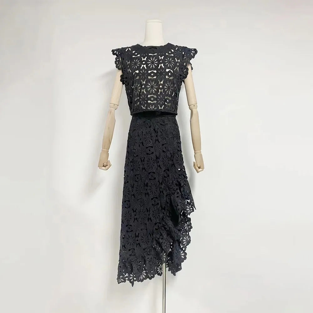 TWOTWINSTYLE Hollow Out Embroidery Two Piece Set For Women Round Neck Sleeveless Top High Waist Split Skirts Elegant Sets Female