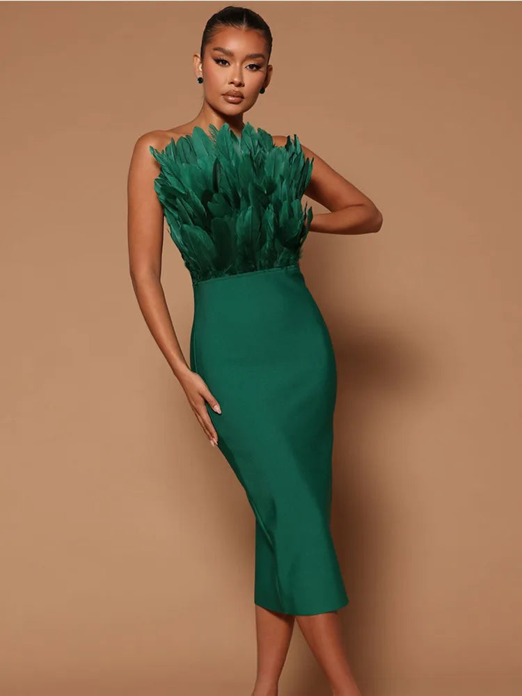 Summer Fashion Women Sexy Strapless Backless Brown Hot Pink Feather Bodycon Bandage Dress Elegant Evening Club Party Dress