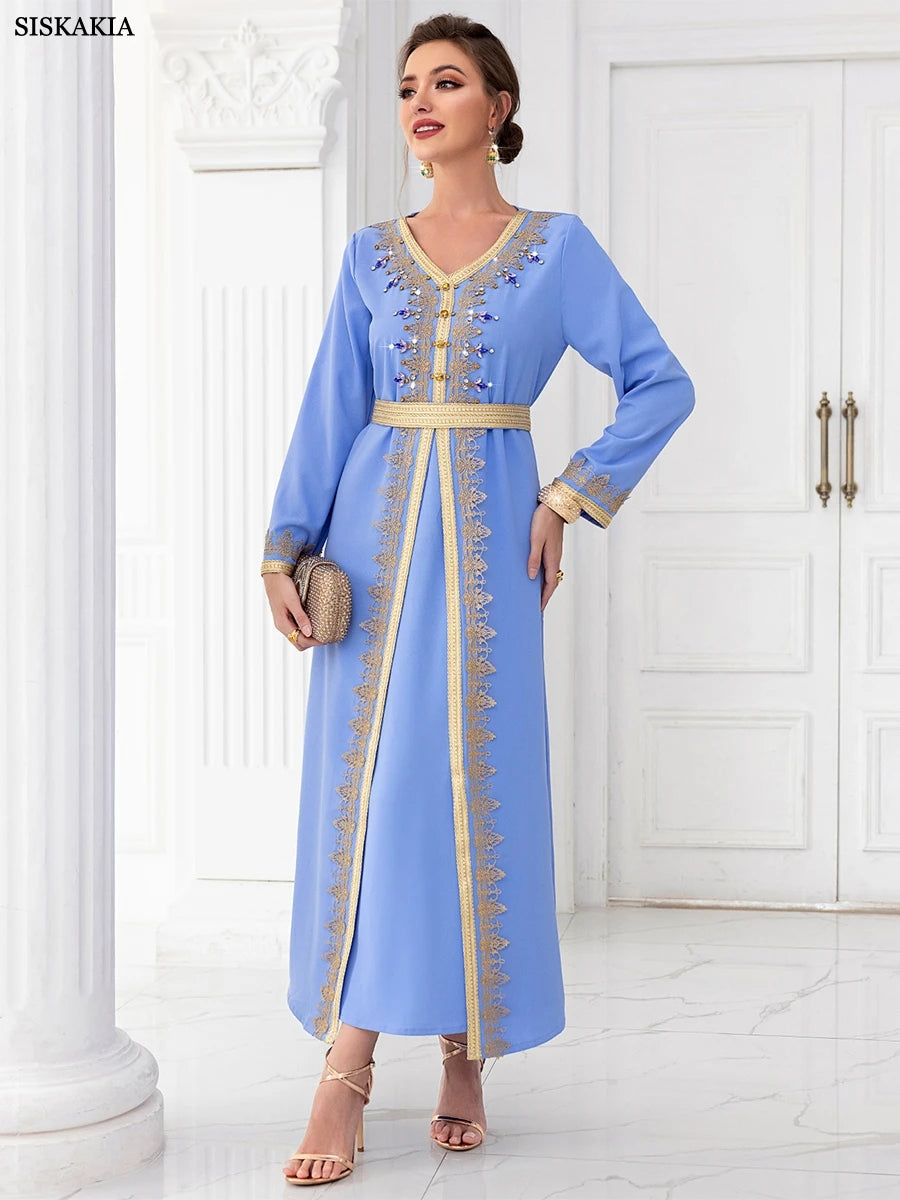 Chic Diamonds Moroccan Kaftan For Women 2 Piece Suit Solid Tape Trim Full Sleeve V-Neck Sashes Elegant Dubai Long Dress