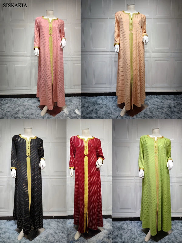 Fashion Solid Ethnic Casual Abayas Saudi Women Clothing Jalabiyat Moroccan African Kaftan Long Sleeve Gold Stamping