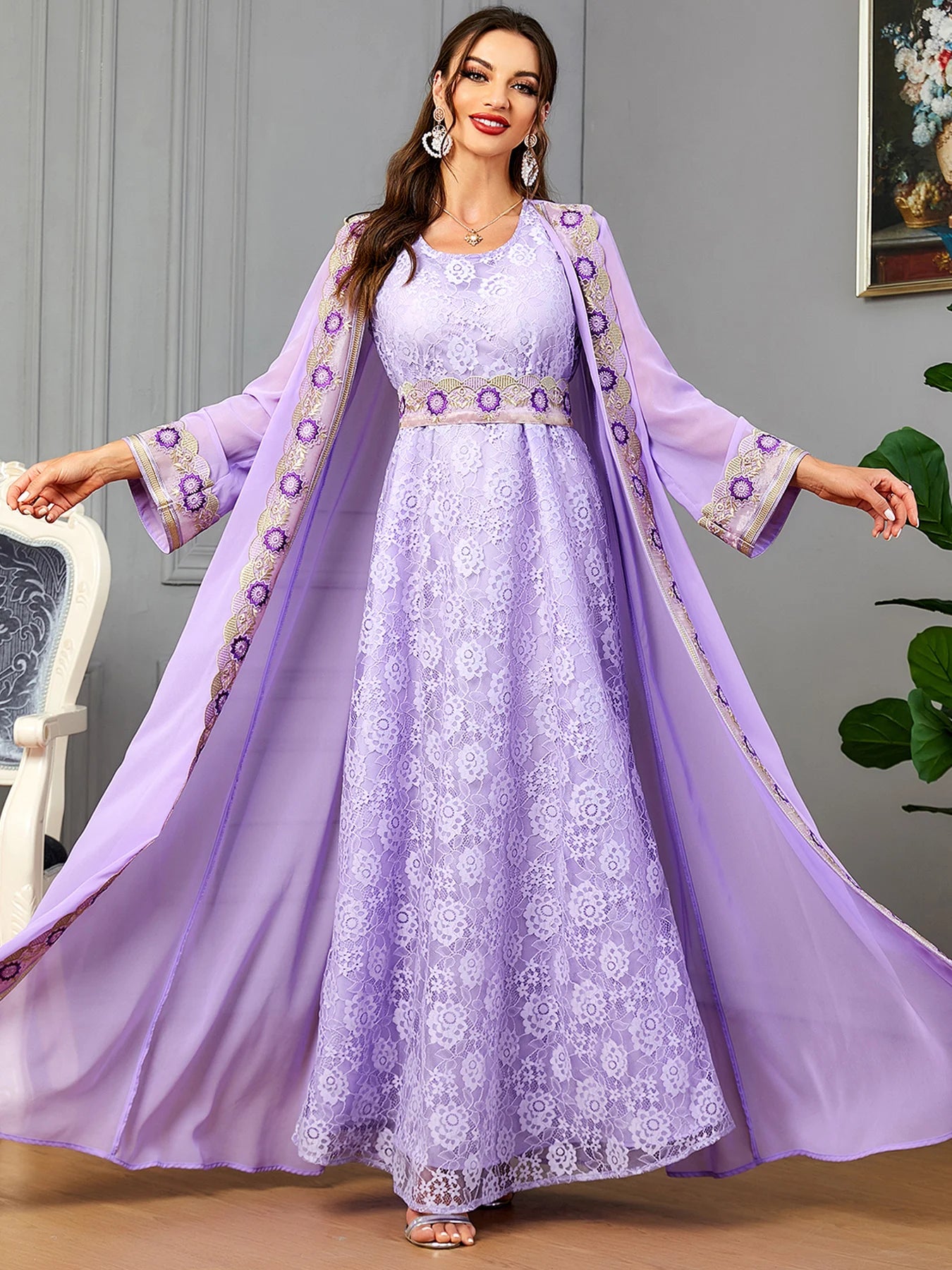 Marocain 2 pièces Abaya ensemble Jilbabs pour femme Chic violet mousseline de soie dentelle bande ceinturée robe arabe Ramadan Musulmane Caftan