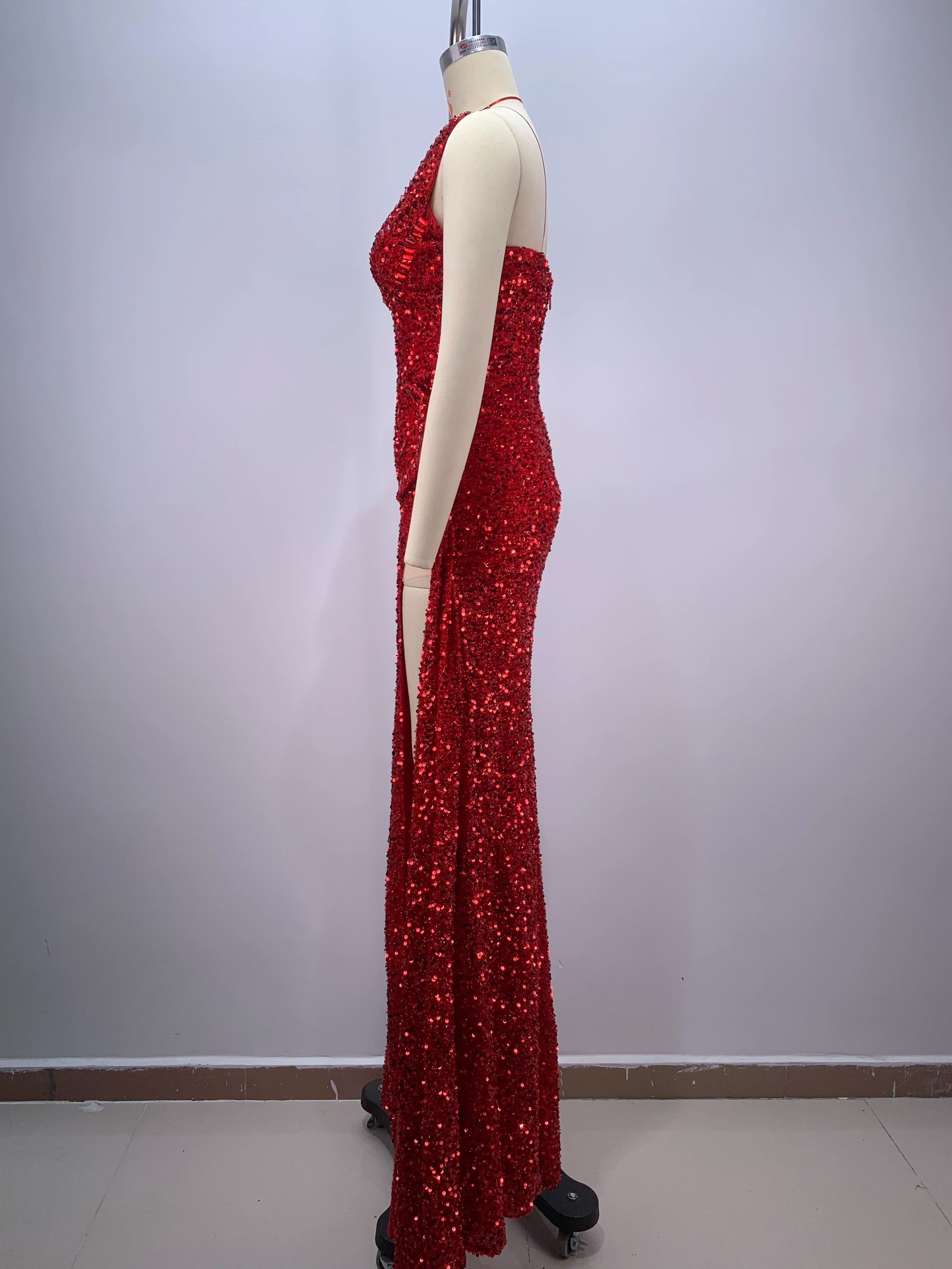 2024 New Arrival Red Color Women Sexy Strapless Shinning Sequins Floor-lenght Dress Wedding Party Celebrate Prom Dress Vestido