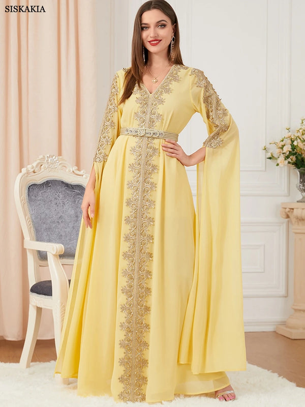 Ramadan Abaya Muslim Woma V-Neck Long Sleeve Chiffon Dress Floral Embroidery Lace Panel Belted Robe Moroccan Caftan Turkey