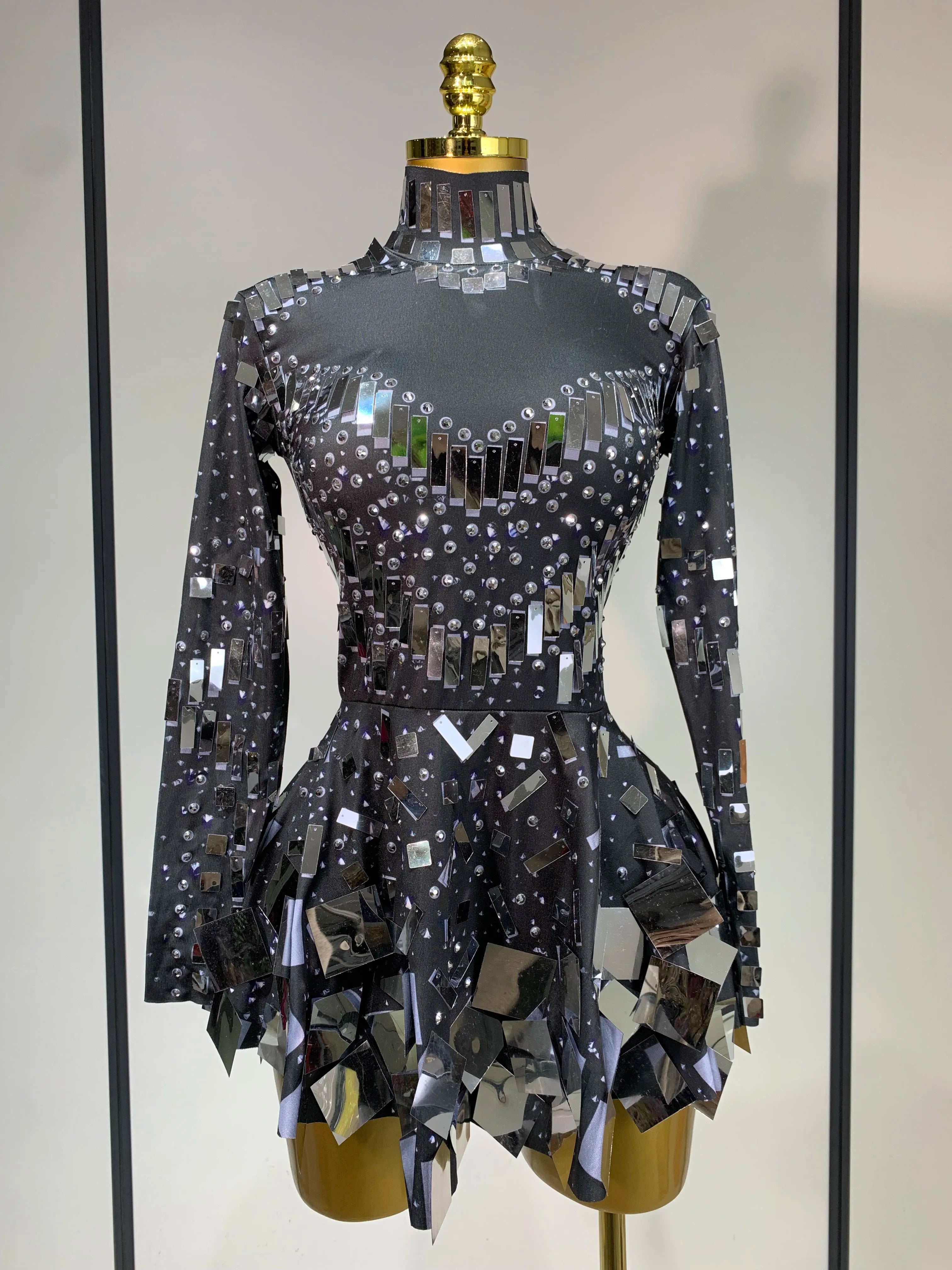 Women Sexy High Elastic A-Line Long Sleeve Dress Performance Costume Sparkly Nightclub Evening Party Hotwife Stage Outfit