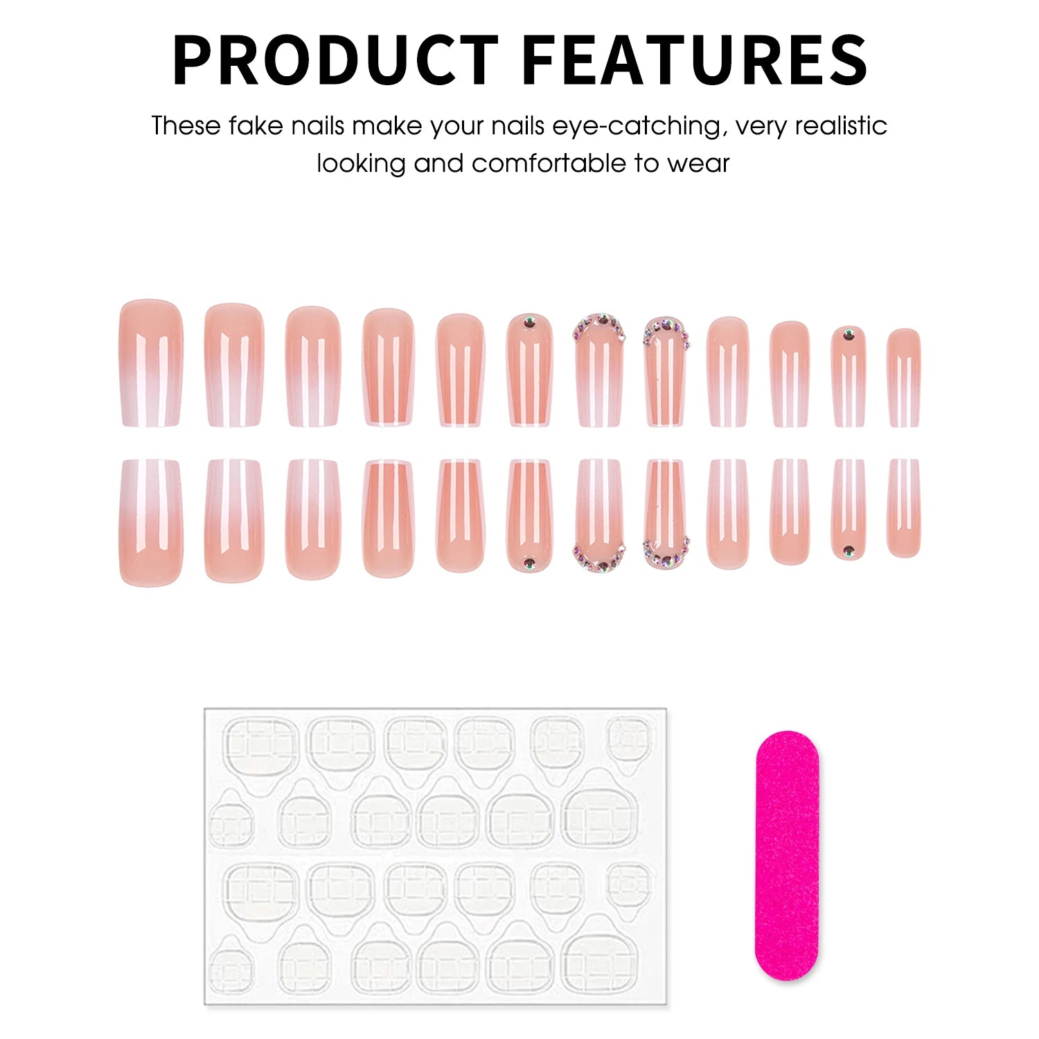Mid-length Coffin False Nails Gradient Pink Press on Nails Diamond Designs Blush Pink Full Cover Fake Nails for Women and Girls
