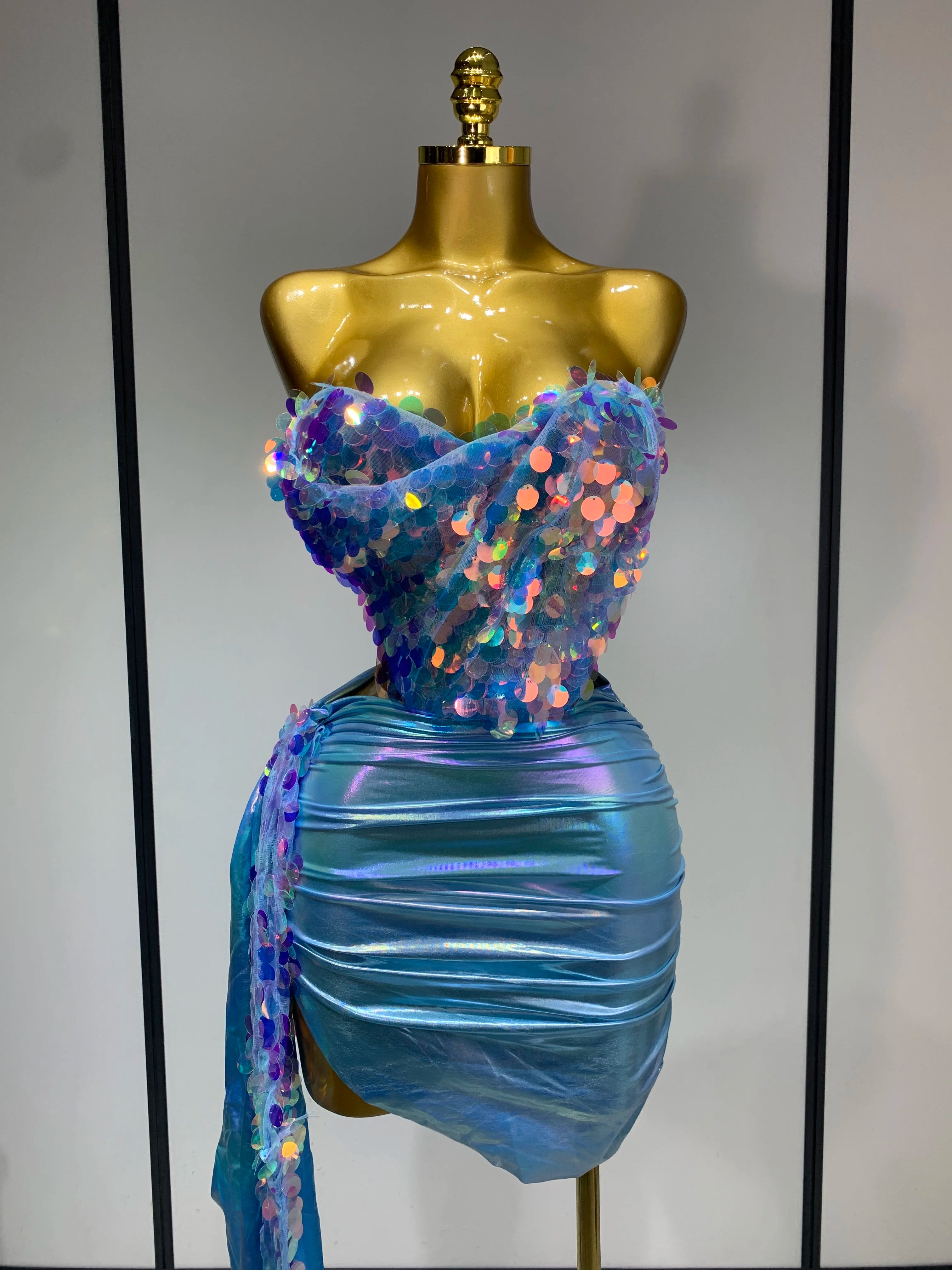 Sparkly Sequin Two Piece Set Sexy Strapless Backless Women Outfit Evening Party Nightclub Stage Performance Dance Costume
