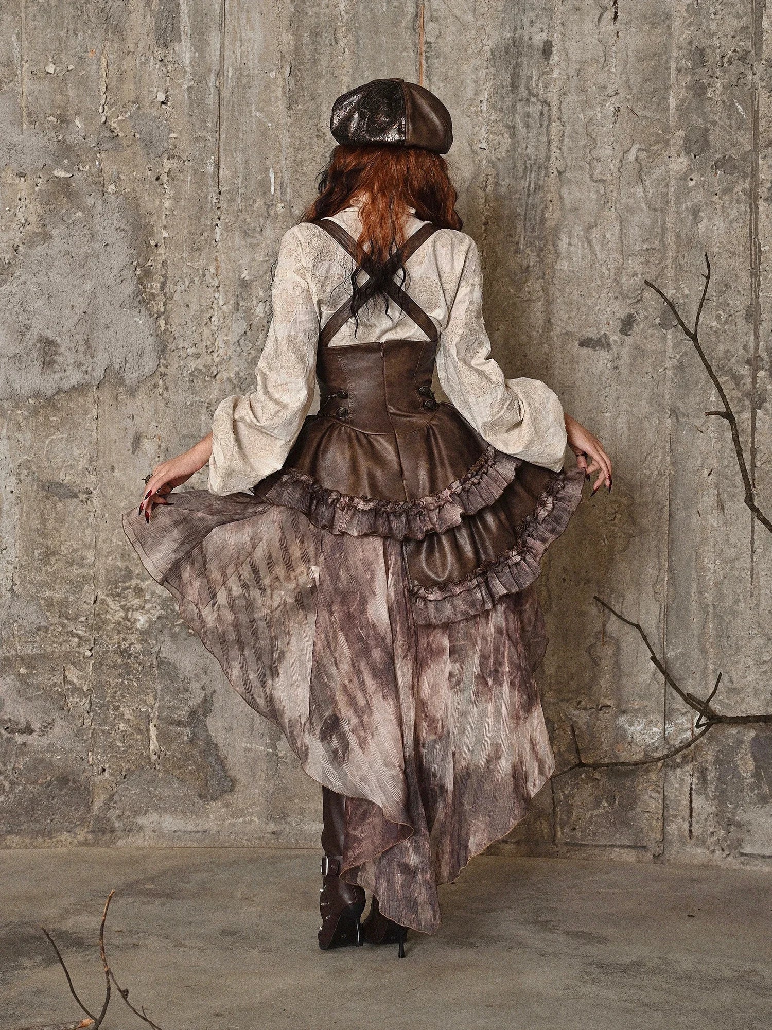 Original Punk Asymmetrical PU Chest Plate Strap Trailing Dresses Long Sleeve Shirt Dress Sets Autumn New Gothic Girls Outfits