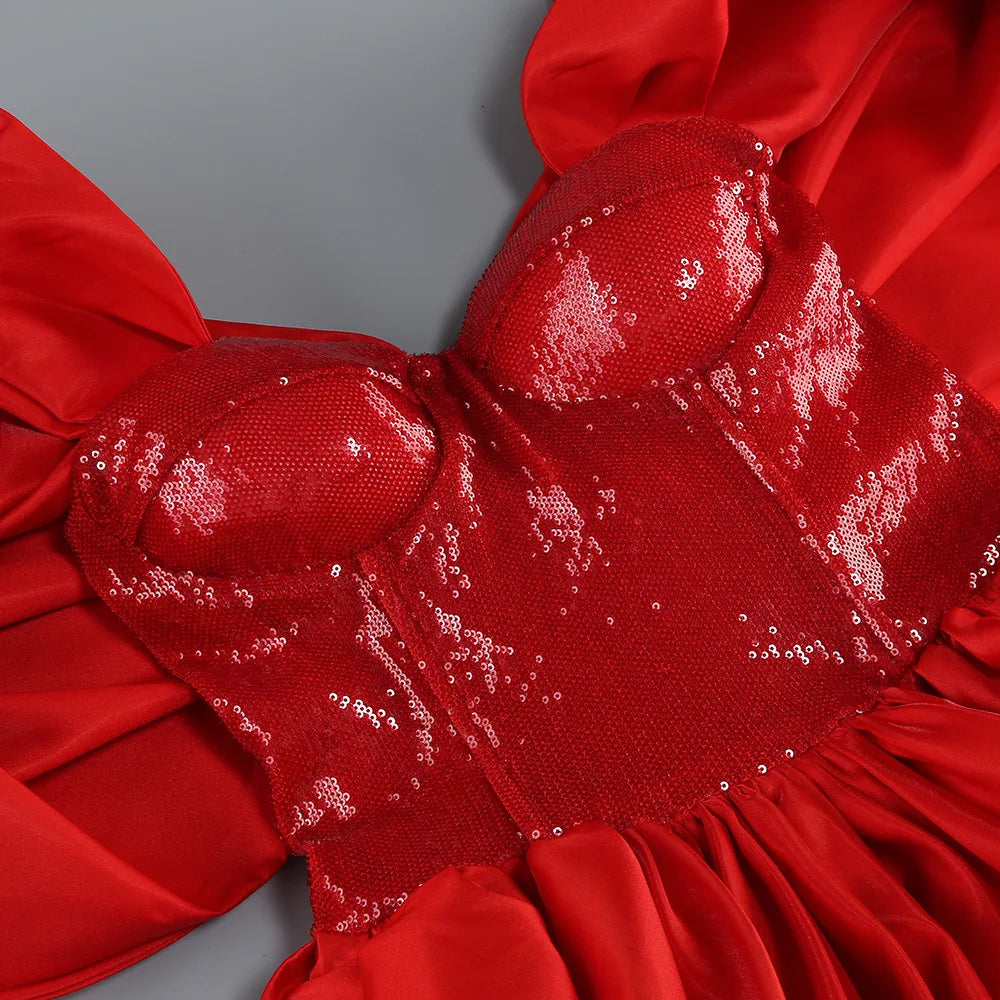 High Quality Red Shinning Sequins Women Strapless Sexy Ball Gown Mini Dress Christmas Birthday Party Celebrate Dress