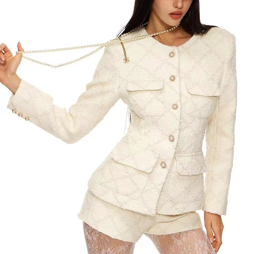 TWOTWINSTYLE Solid Temperament Two Piece Sets For Women O Neck Long Sleeve Coat High Waist Shorts Elegant Set Female Fashion New