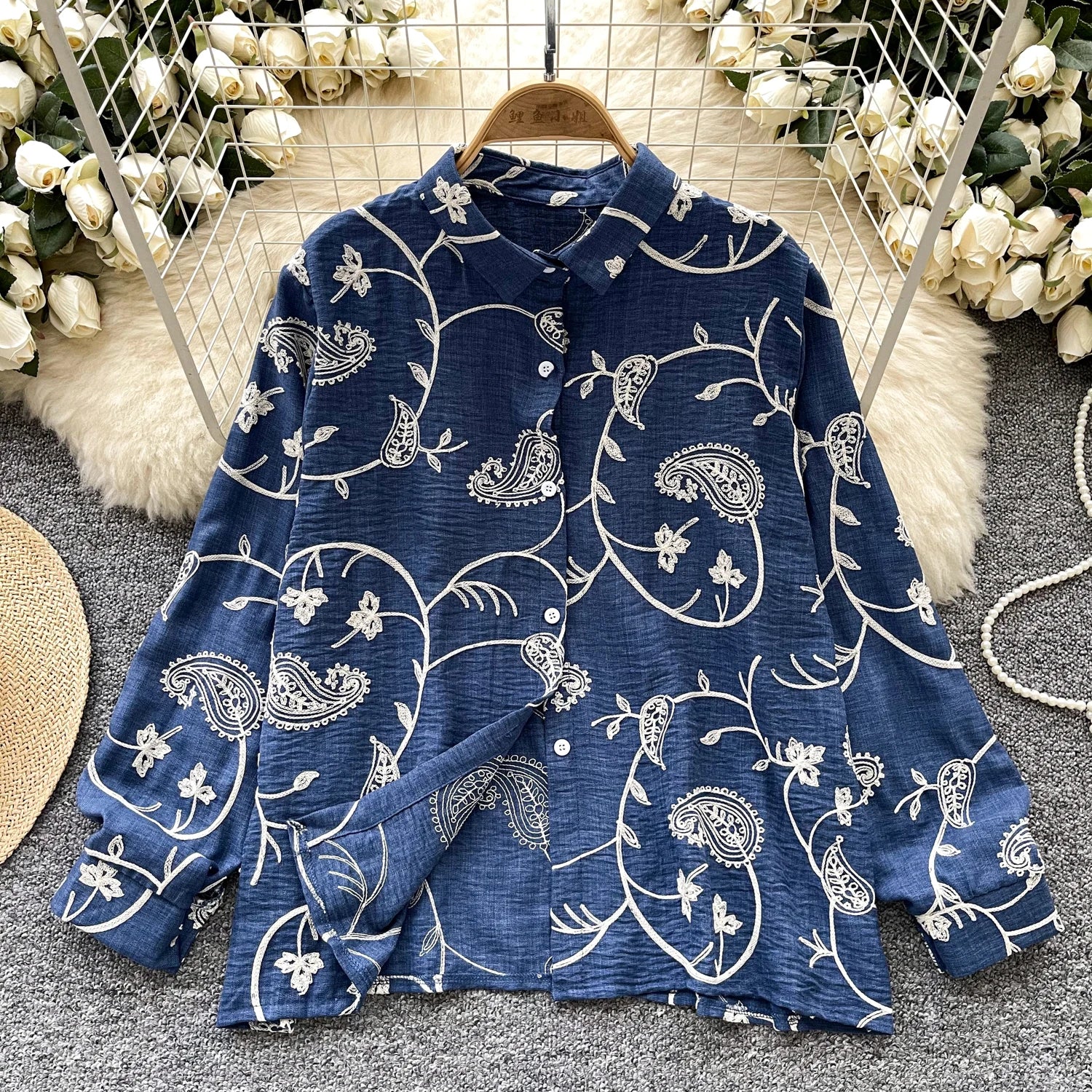 Vintage Elegant Embroidery print turn-down collar Blouse Fashion Single Breasted sweet Shirt  Casual Chic Top Fairy Summer Women