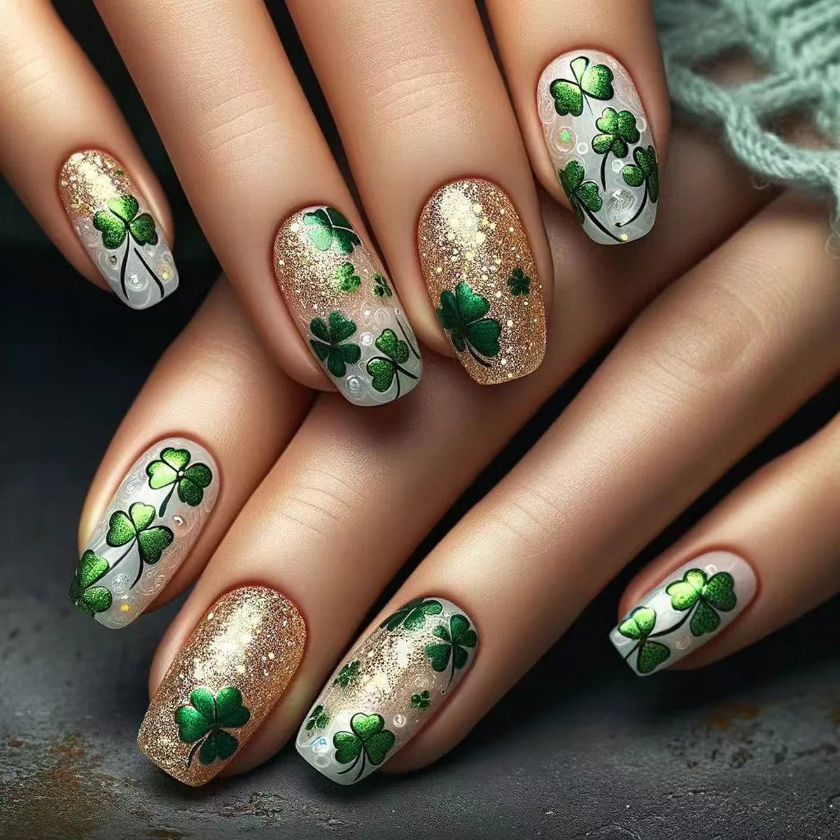 24Pcs Wearing Fake Nails with Gold Foil Glitter Rose Flowers French Ballet Acrylic Nail Set Removable Elegant Finished Manicure