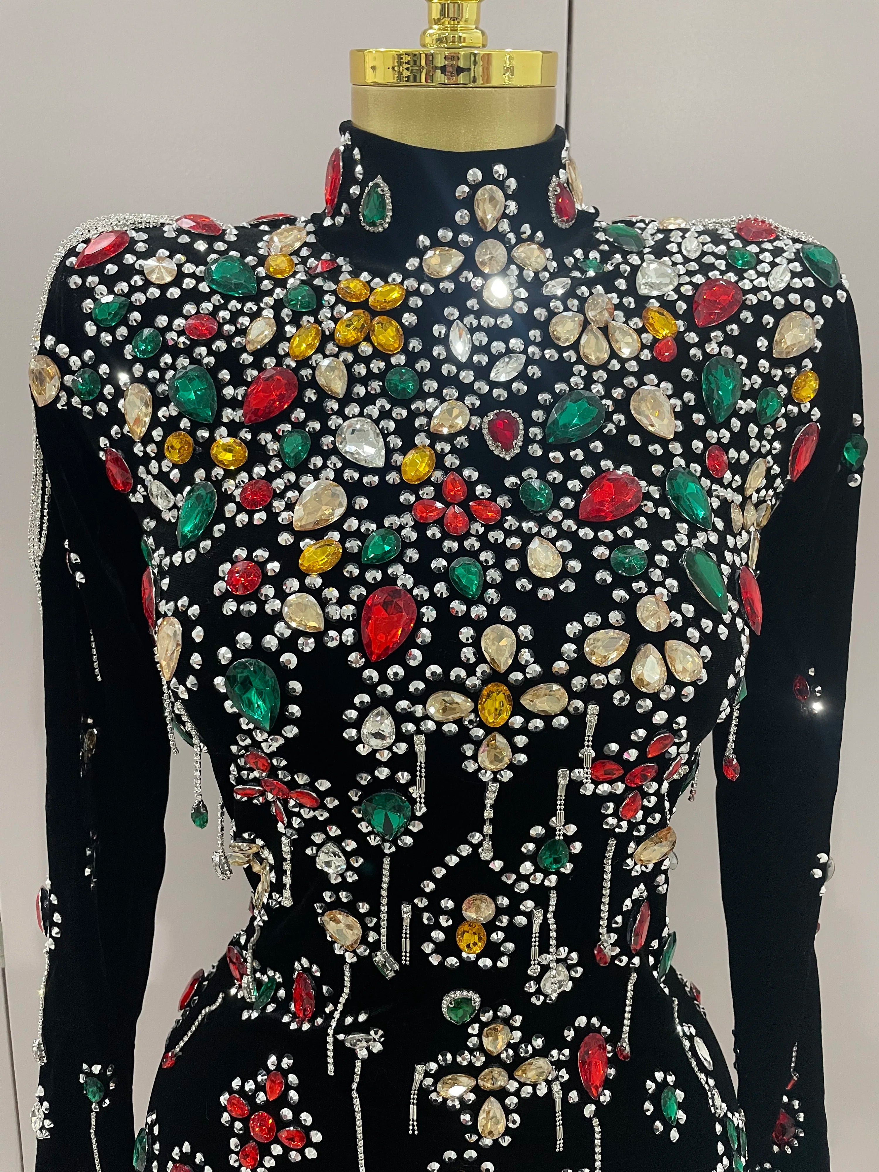 Sexy Sparkle Multicolor Rhinestones Black Velvet Gloves Slit Short Dress 2025New Women Evening Birthday Party Club Stage Costume