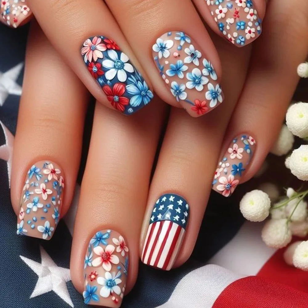 24Pcs Mid-length Square Fake Nails Patch with Plant Flower Pattern False Nails Blue Fashion Removable Nail Tips Finished Summer