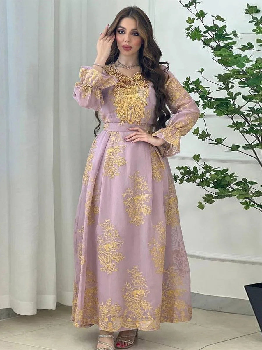 Muslim Evening Dress for Women Arab Dubai Moroccan Kaftan Chic Mesh Sequins Applique Embroidery Party Abaya Eid al-Adha Pink Purple Dress