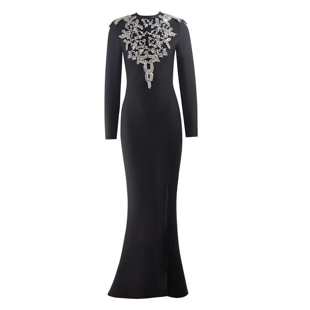Top Quality Sparkly Crystal Women Long Sleeve Sexy O-Neck Bodycon Long Bandage Dress Celebrate Elegant Evening Party Outfit