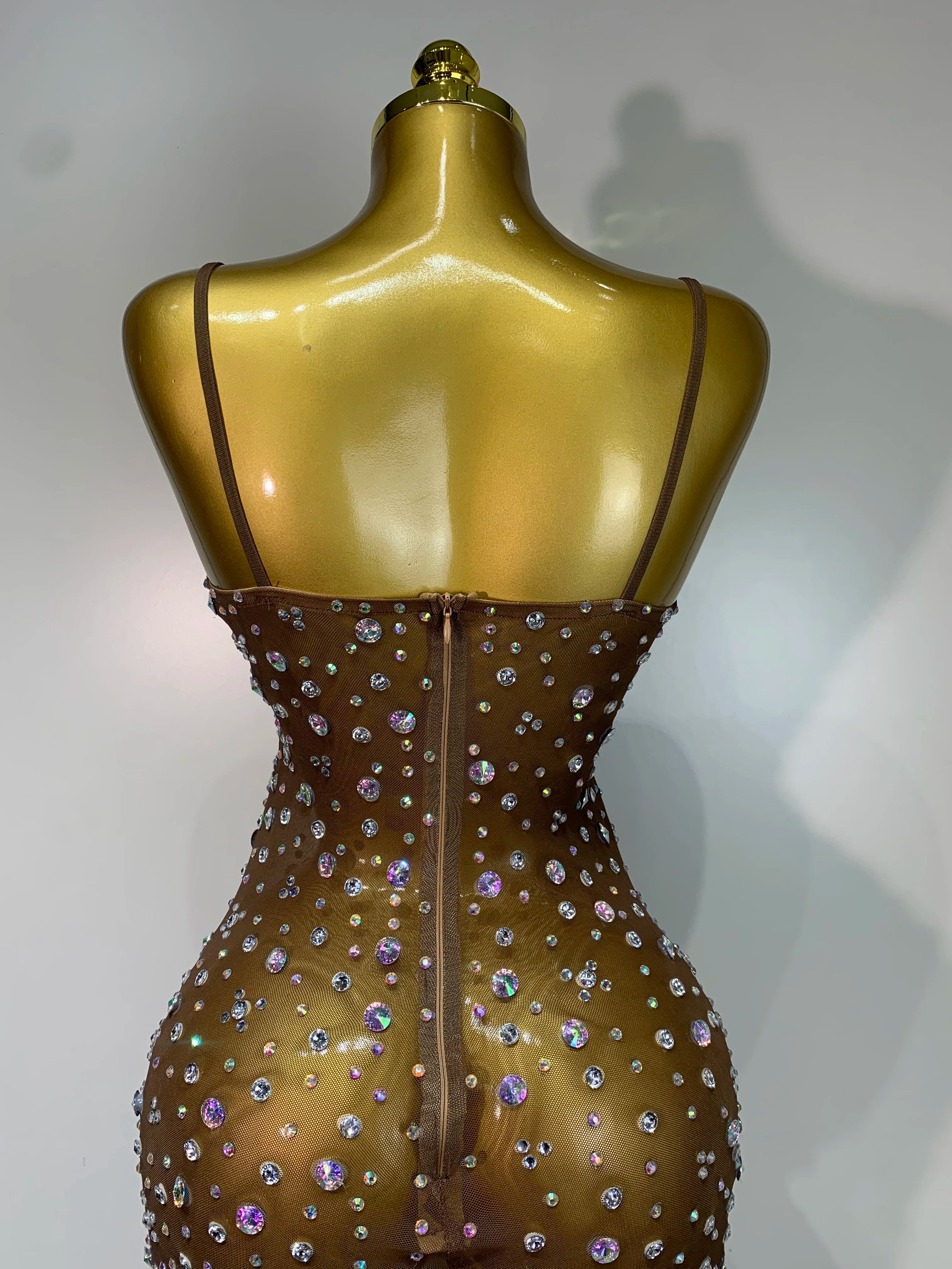 Sparkly Rhinestone Stretchy Mesh See Through Dress Women 2025 Performance Dancer Costume Luxury Birthday Nightclub Stage Outfit