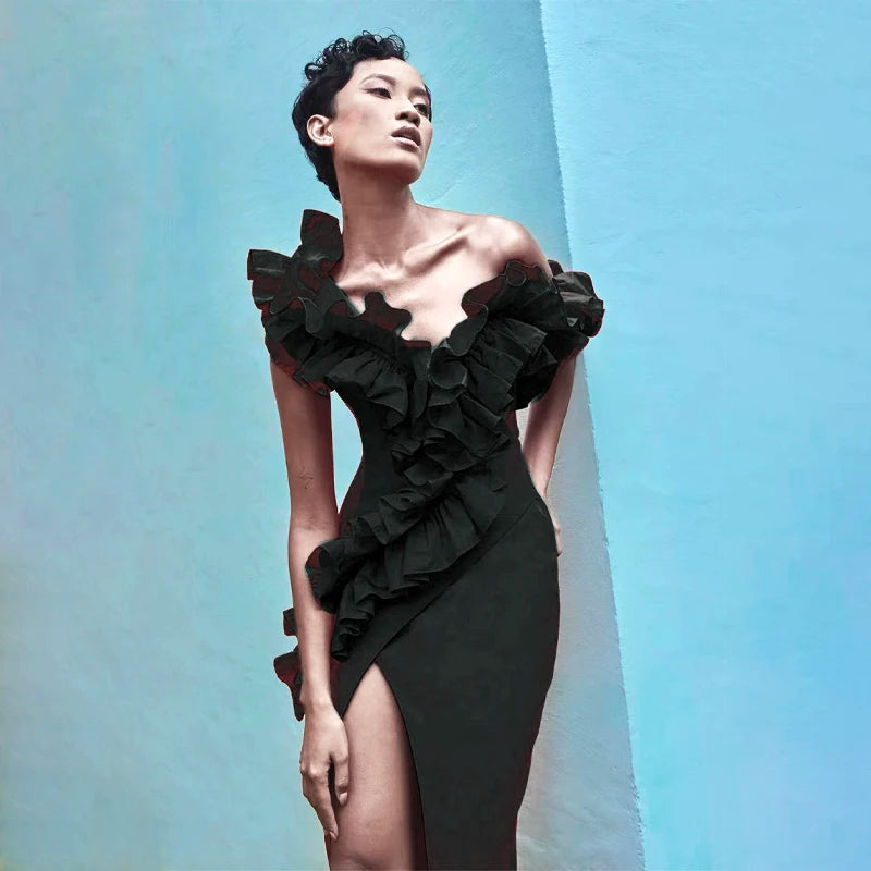 Black Red Color Women Sleeveless Sexy Off the Shoulder Ruffles Bodycon Long Bandage Dress Nightclub Party Celebrate Outfit