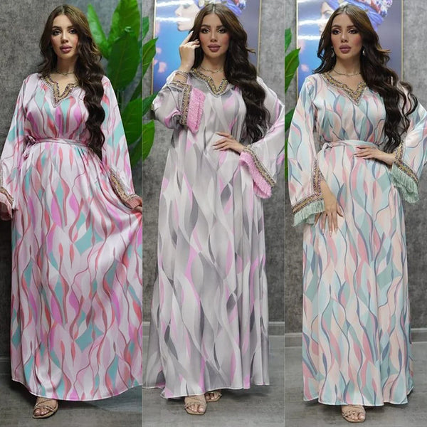 Caftan Kaftan For Wedding Ramadan Vneck Long Dress Moroccan Turkey Dubai 2023 New Long Sleeves Print Abaya Dress Female Clothing