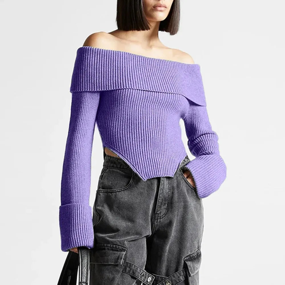 TWOTWINSTYLE Solid Temperament Sweaters For Women Slash Neck Long Sleeve Tunic Irregular Minimalist Sweater Female Fashion Style