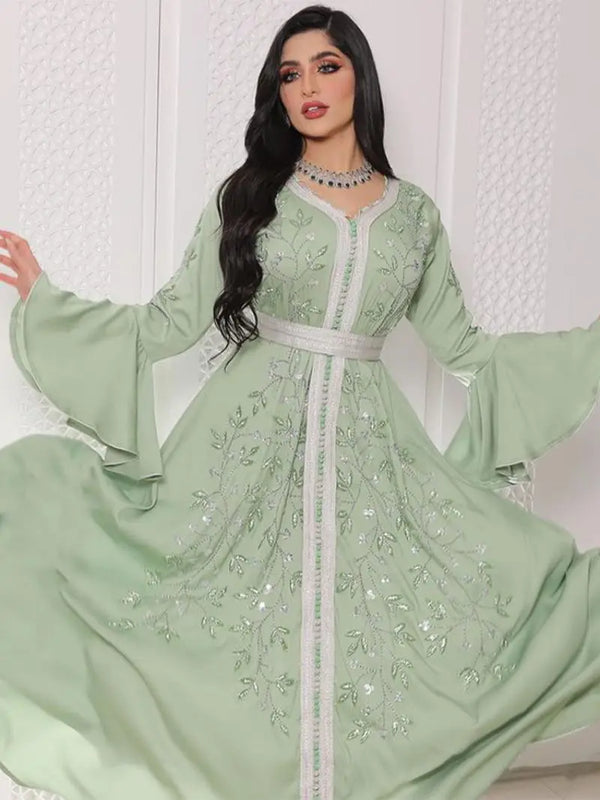 2024 Summer Women's Maxi Long Dress Embroidered Nail Beads Drilling Kaftan Gown Green Abaya Dubai Luxury Robe Femme Musulmane