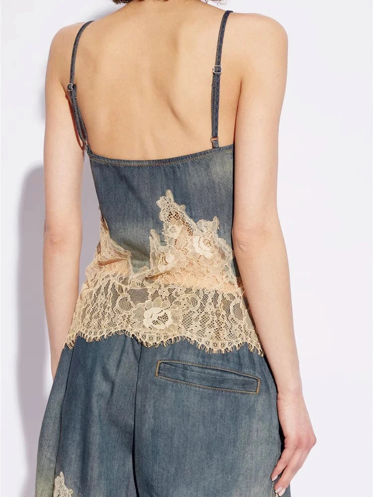 TWOTWINSTYLE Spliced Lace Denim Two Piece Set For Women V Neck Sleevelss Top High Waist Knee Length Pant Streetwear Sets Female